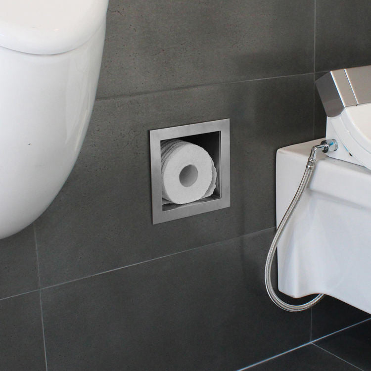 Black Rothnow square shower niche with built-in toilet paper holder, wall-mounted bathroom storage and organization.