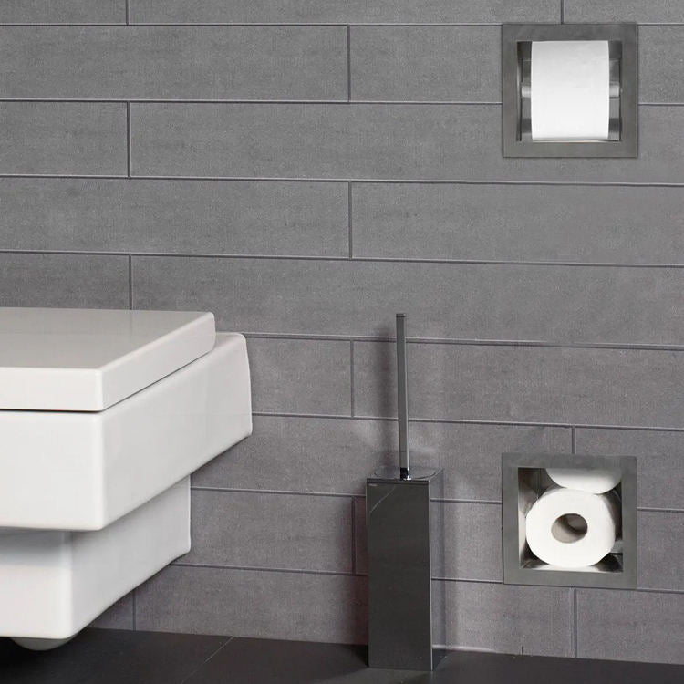 Black Rothnow square shower niche with built-in toilet paper holder, wall-mounted bathroom storage and organization accessory.
