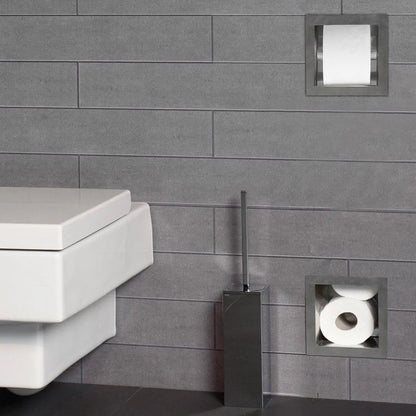 Black Rothnow square shower niche with built-in toilet paper holder, wall-mounted bathroom storage and organization accessory.