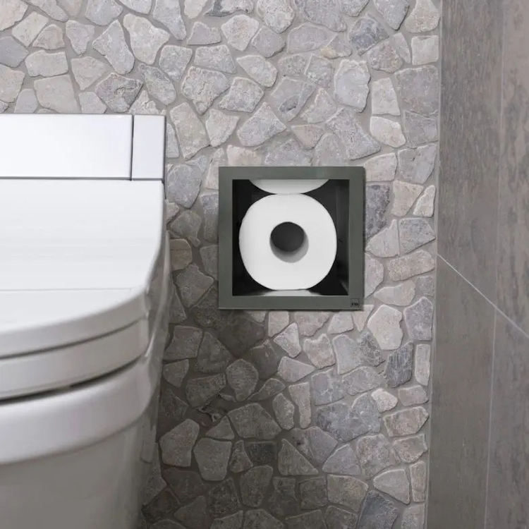 Black Rothnow square shower niche with built-in toilet paper holder, wall-mounted bathroom storage for toiletries.