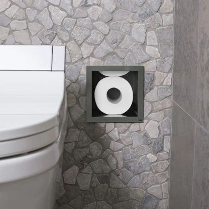 Black Rothnow square shower niche with built-in toilet paper holder, wall-mounted bathroom storage for toiletries.