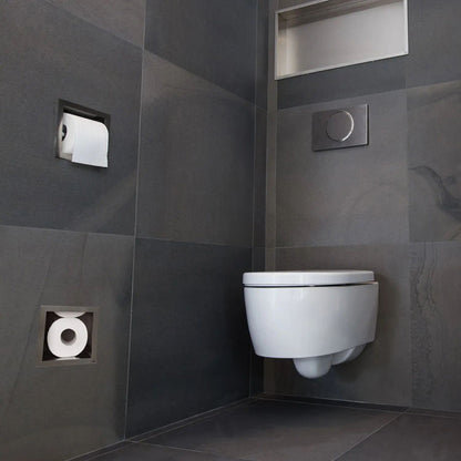 Black Rothnow® square shower niche with built-in toilet paper holder, wall-mounted bathroom storage and organization.