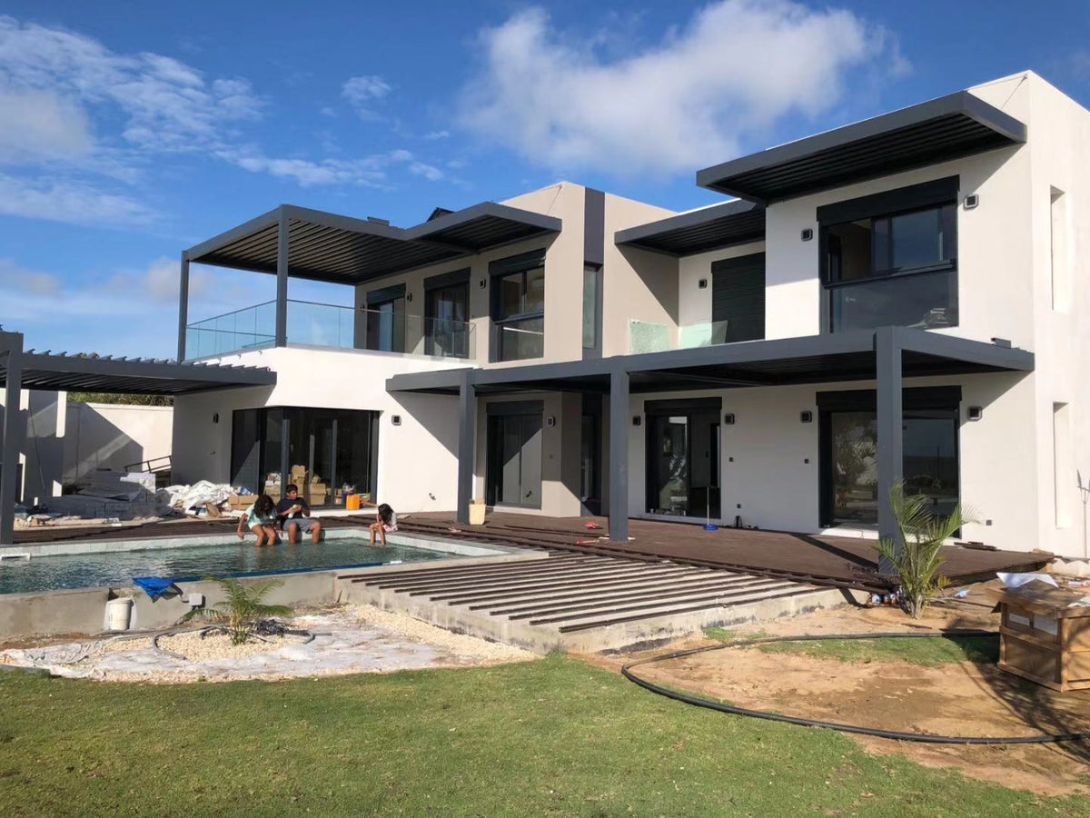 Black Rothnow aluminum pergola with louvered roof for customizable outdoor shade and shelter, showcasing sleek modern design.