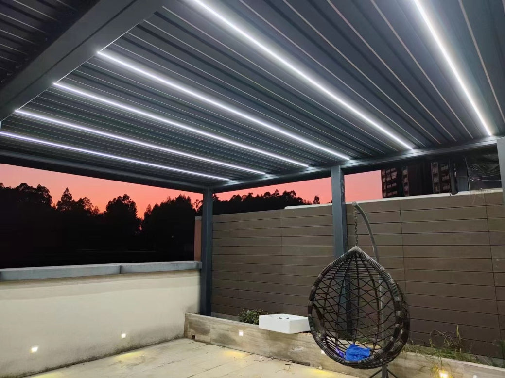 Black Rothnow aluminum pergola with louvered roof, custom-sized alloy pavilion for outdoor shading and stylish outdoor living.