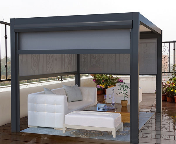 Black Rothnow aluminum pergola with louvered roof for ceiling or outdoor shade, featuring a sleek, customizable design.