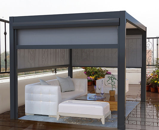 Black Rothnow aluminum pergola with louvered roof for ceiling or outdoor shade, featuring a sleek, customizable design.