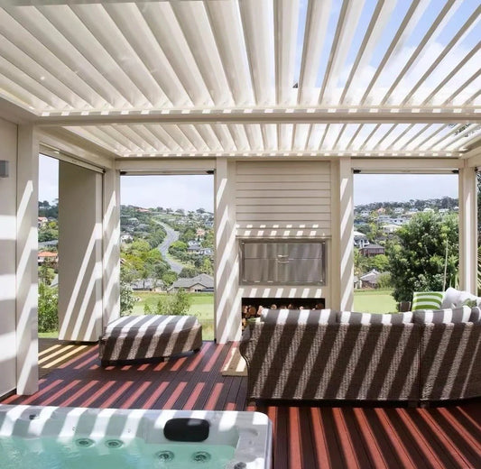Black Rothnow aluminum pergola with louvered roof, customizable size, showcasing sleek, modern outdoor pavilion design.