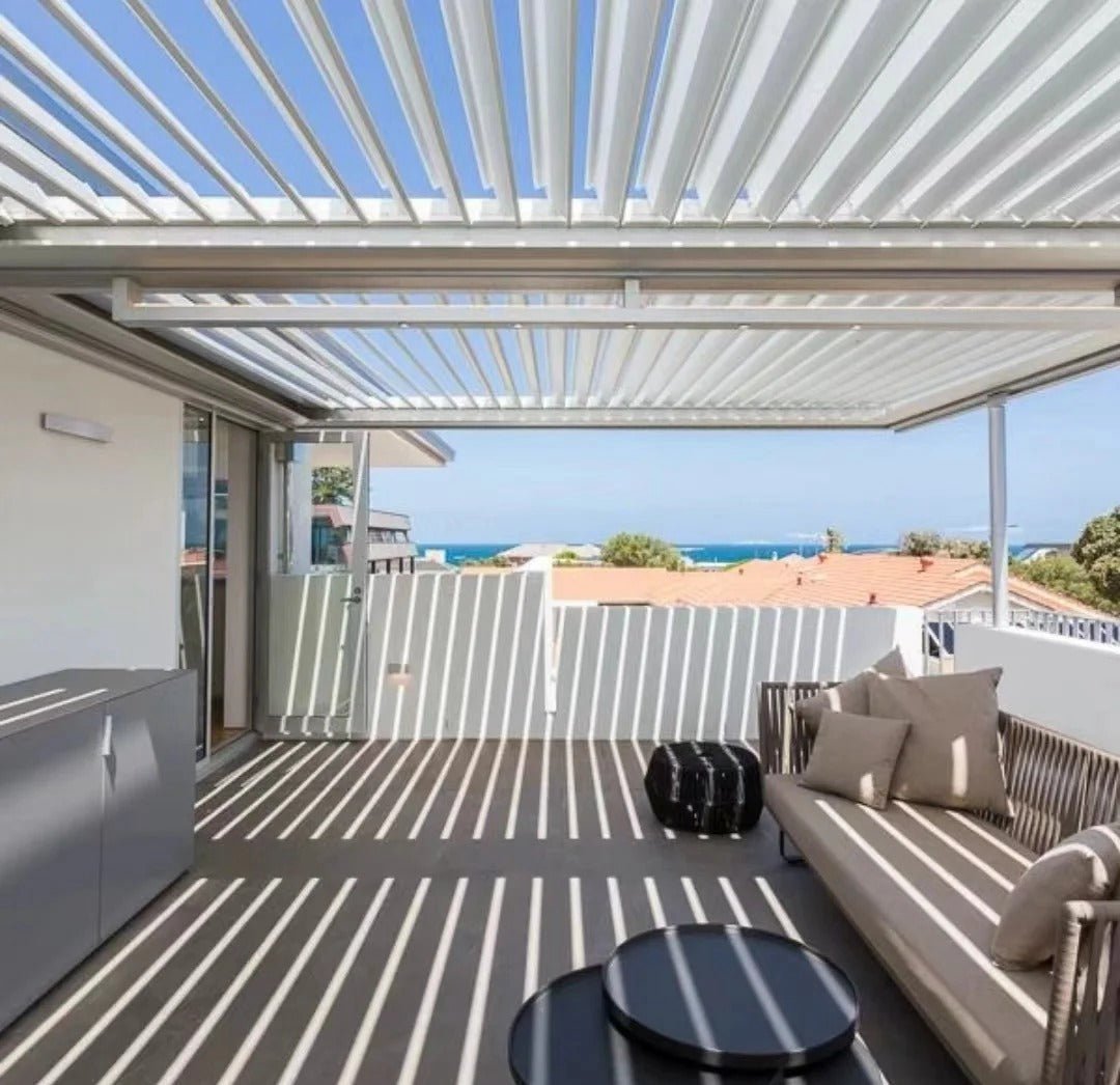 Black Rothnow aluminum pergola with louvered roof, customizable size, durable alloy construction, ideal for outdoor shading and patio.