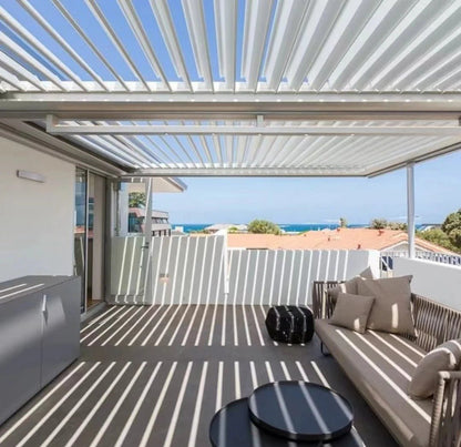 Black Rothnow aluminum pergola with louvered roof, customizable size, durable alloy construction, ideal for outdoor shading and patio.