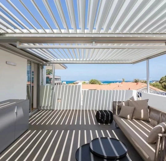 Black Rothnow aluminum pergola with louvered roof, customizable size, durable alloy construction, ideal for outdoor shading and patio.