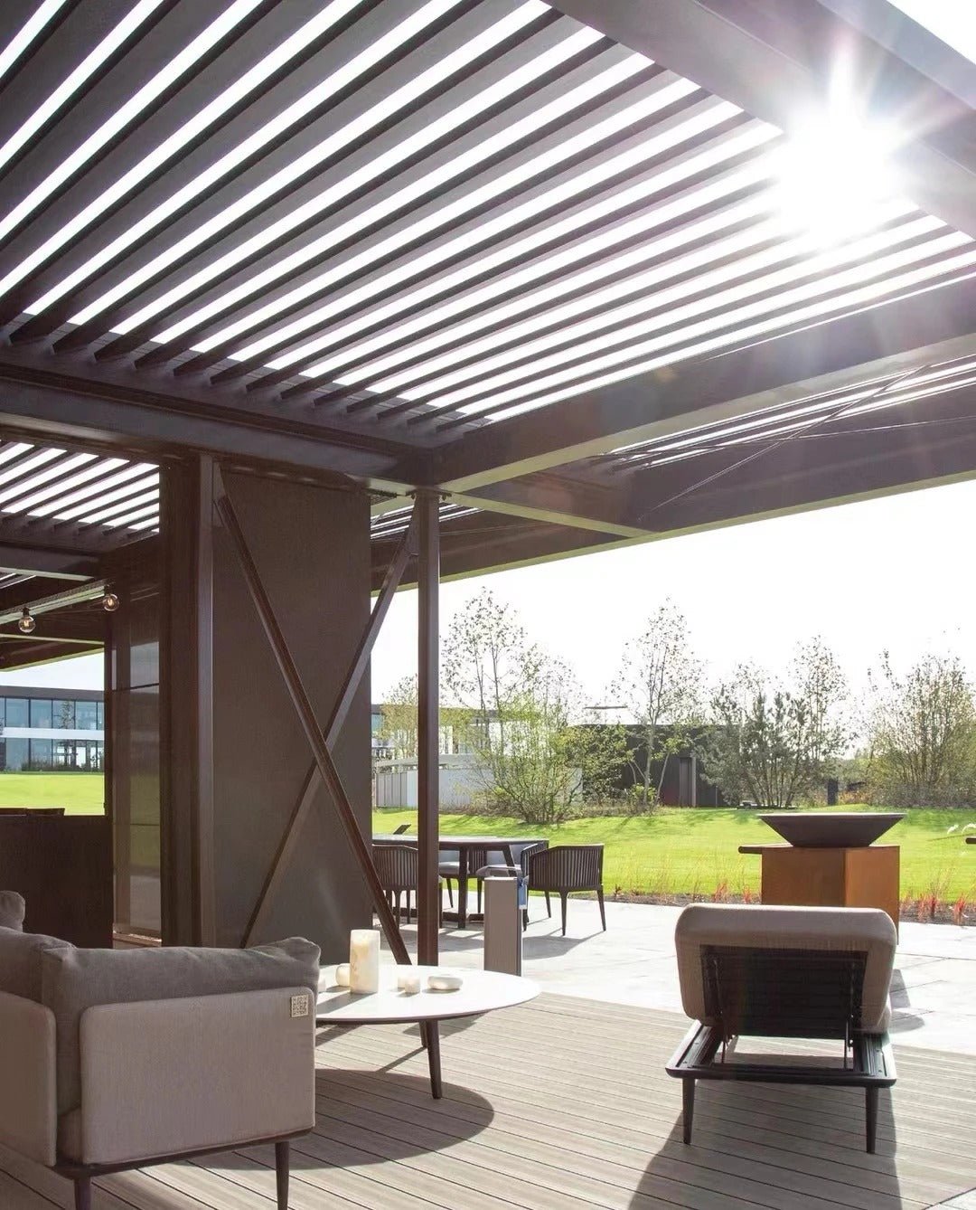 Black Rothnow aluminum pergola with louvered roof, custom size, outdoor pavilion for shading and stylish outdoor space.