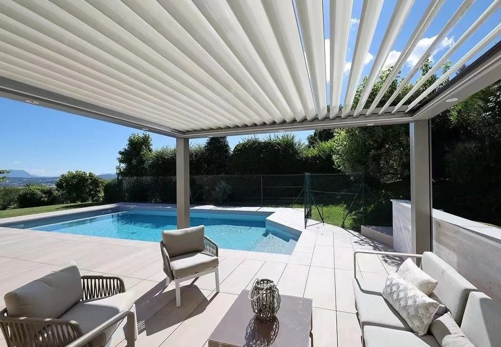 Black Rothnow Aluminum Pergola with louvered roof and custom size, showcasing durable aluminum alloy construction and modern design.