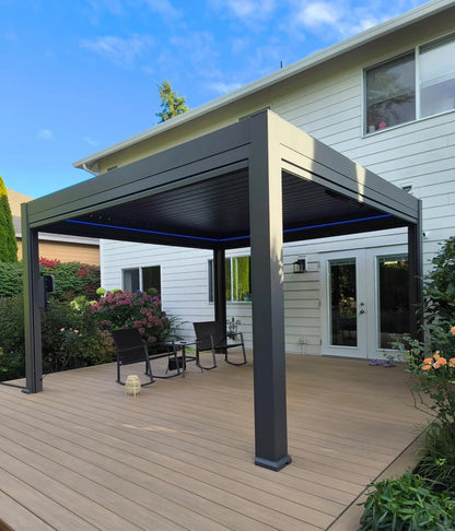 Black Rothnow aluminum louvered pergola with adjustable roof panels, designed for outdoor shading and stylish outdoor living.