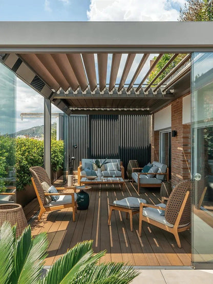 Black Rothnow aluminum louvered pergola with adjustable roof panels, designed for outdoor shading and stylish backyard coverage.