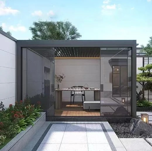 Black Rothnow aluminum louvered pergola with adjustable roof panels, showcasing a modern outdoor shade structure.