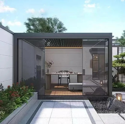 Black Rothnow aluminum louvered pergola with adjustable roof panels, showcasing a modern outdoor shade structure.