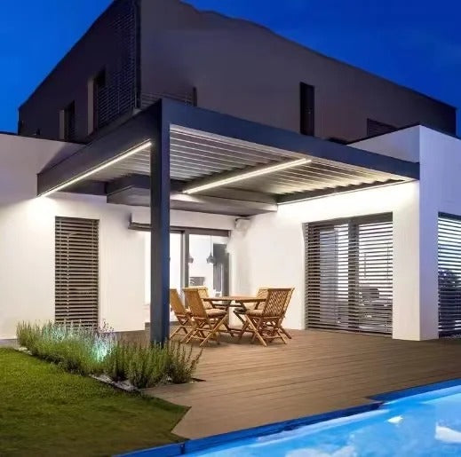 Black Rothnow aluminum louvered pergola with adjustable roof panels, designed for outdoor shading and aesthetic appeal.