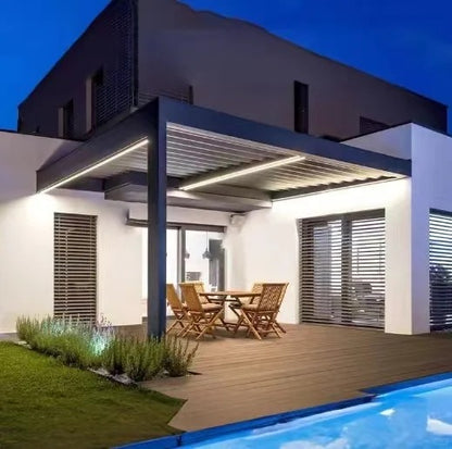 Black Rothnow aluminum louvered pergola with adjustable roof panels, designed for outdoor shading and aesthetic appeal.