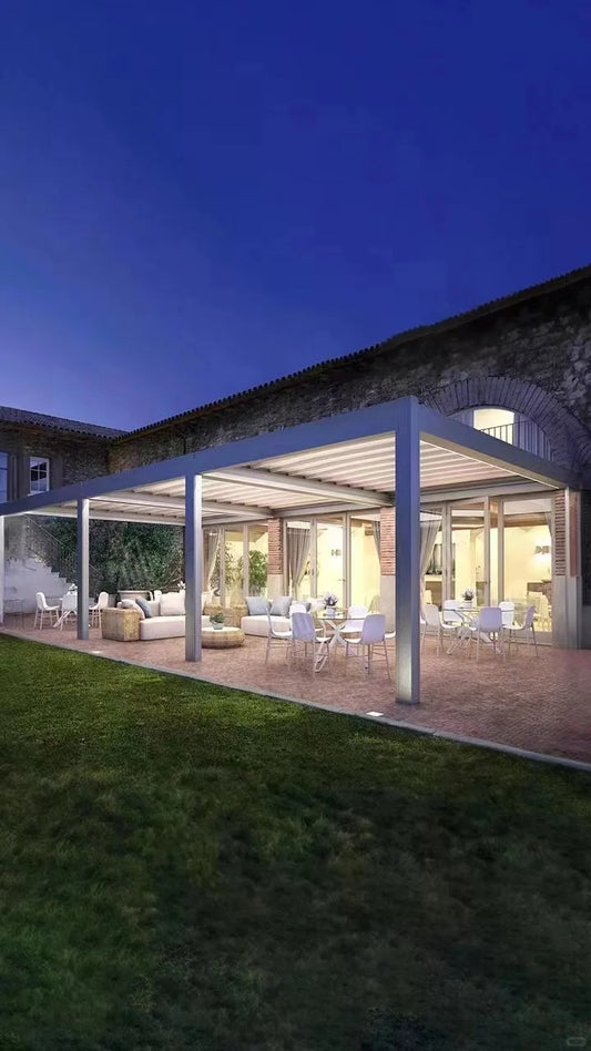 Black Rothnow aluminum louvered pergola with customizable size, featuring sleek aluminum alloy construction and ceiling-style design.