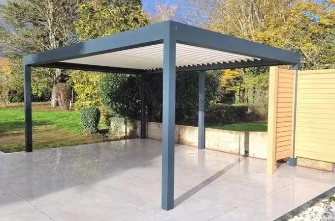 Black Rothnow aluminum louvered pergola with adjustable roof panels, designed for outdoor shading and stylish garden or patio spaces.