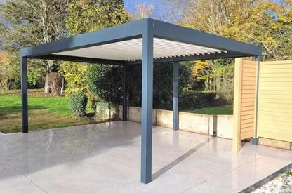 Black Rothnow aluminum louvered pergola with adjustable roof panels, designed for outdoor shading and stylish garden or patio spaces.