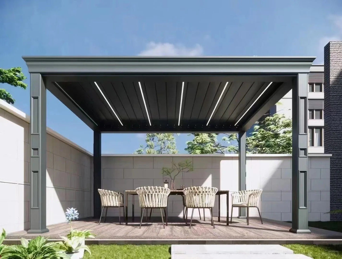 Black Rothnow aluminum pergola with sleek ceiling design, customizable size, and durable alloy construction for outdoor climate protection.