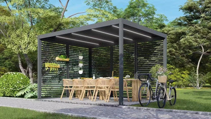 Black Rothnow aluminum pergola with ceiling design, customizable size, featuring durable alloy construction for climate control.