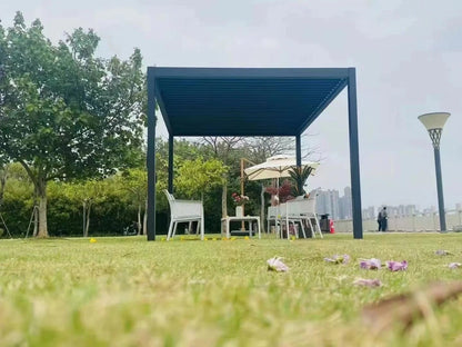 Black Rothnow aluminum pergola with sleek rooftop design, featuring durable alloy construction for outdoor shading and climate control.
