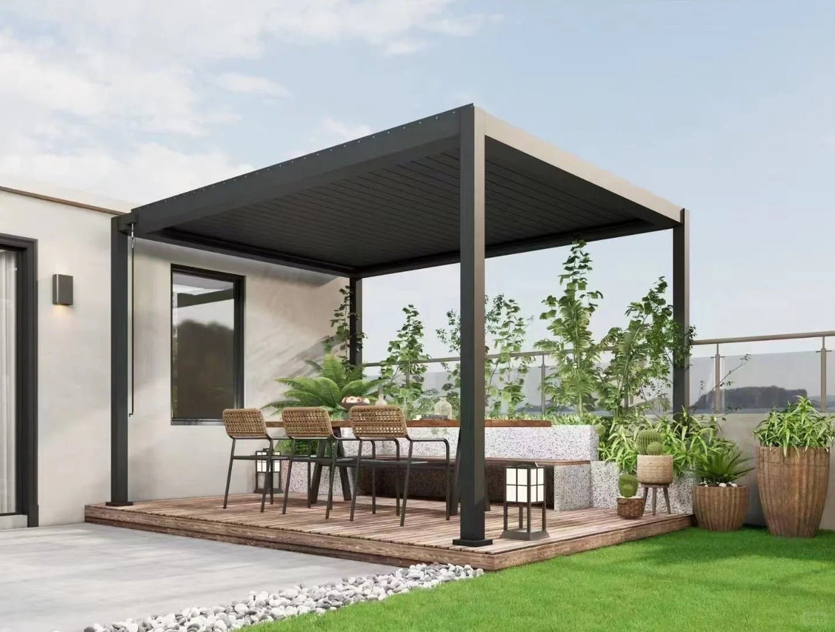 Black Rothnow® aluminum pergola with customizable size, featuring a sleek ceiling design and durable aluminum alloy construction.