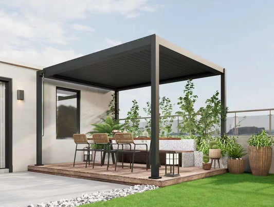 Black Rothnow® aluminum pergola with customizable size, featuring a sleek ceiling design and durable aluminum alloy construction.