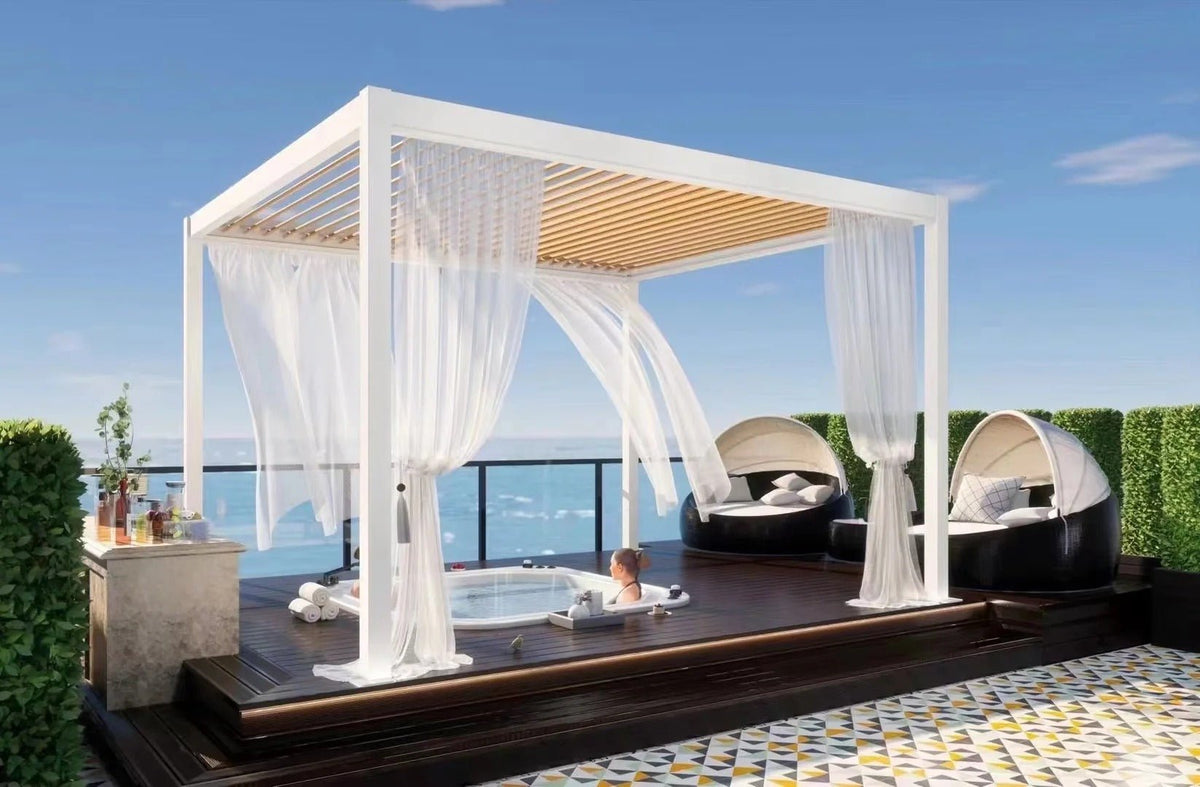 Black Rothnow aluminum pergola with customizable size, featuring durable alloy construction and ceiling-like design for outdoor shading.