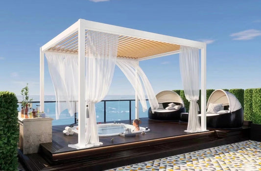Black Rothnow aluminum pergola with customizable size, featuring durable alloy construction and ceiling-like design for outdoor shading.