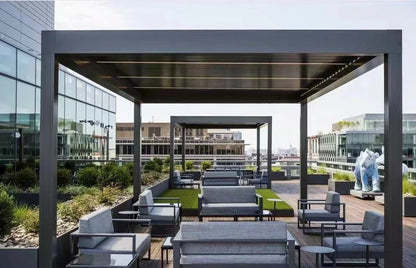 Black Rothnow aluminum pergola with custom size, climate-resistant aluminum alloy frame, designed for outdoor terrace or patio.