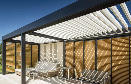 Black Rothnow® aluminum pergola with customizable size, featuring a sleek climate-resistant design and sturdy aluminum alloy construction.