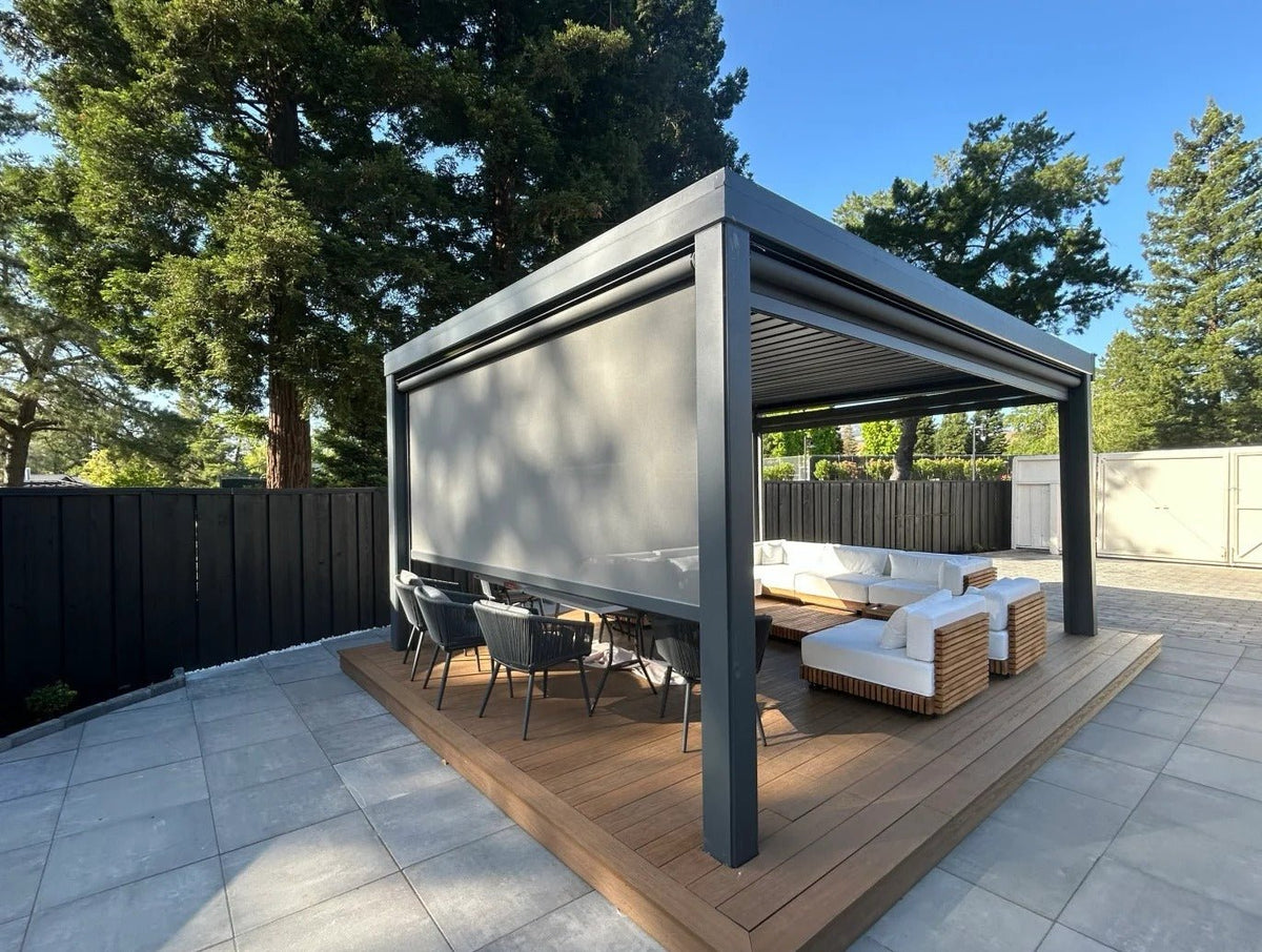 Black Rothnow aluminum pergola with a sleek, modern design, featuring a sturdy climate-resistant aluminum alloy frame.