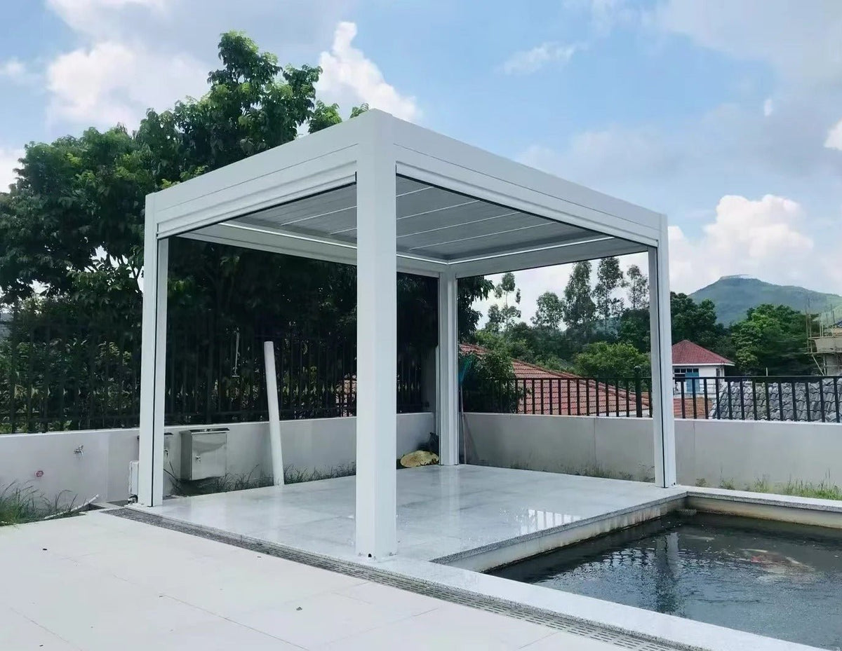 Black Rothnow aluminum pergola with a sleek ceiling design, part of the Climate Pergola series, made from durable aluminum alloy.