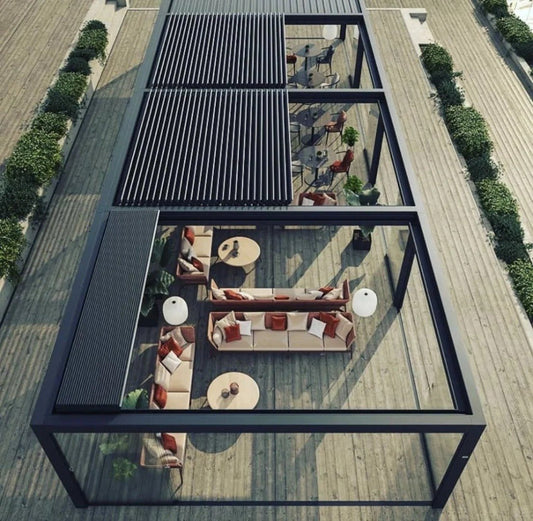 Black Rothnow® Aluminum Pergola with customizable size and climate-resistant alloy, showcasing a sleek ceiling design for outdoor shade.