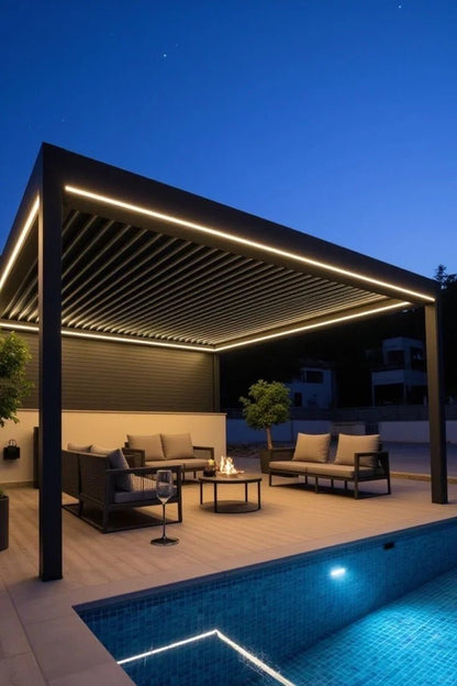 Black Rothnow aluminum pergola with customizable size, suitable for outdoor patio or garden space, made from durable alloy.