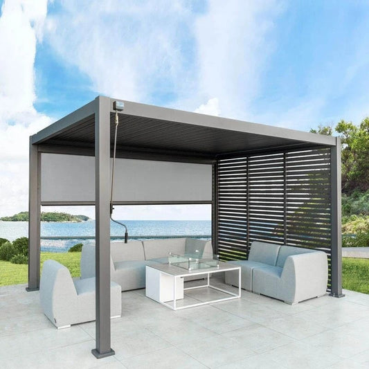 Black Rothnow aluminum pergola with a sleek ceiling design, offering a stylish climate pavilion for outdoor spaces.