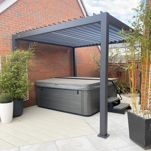 Black Rothnow aluminum pergola with a sleek ceiling design, part of the RNAP07 aluminum alloy climate pavilion series.