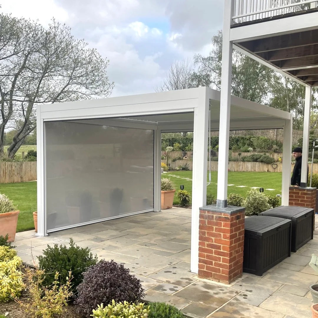 Black Rothnow aluminum pergola with custom-sized climate pavilion and ceiling design, featuring sleek aluminum alloy construction.