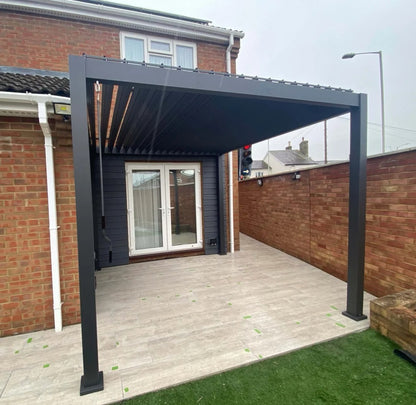 Black Rothnow aluminum pergola with a sleek ceiling design, showcasing durable alloy construction and customizable size for outdoor shading.
