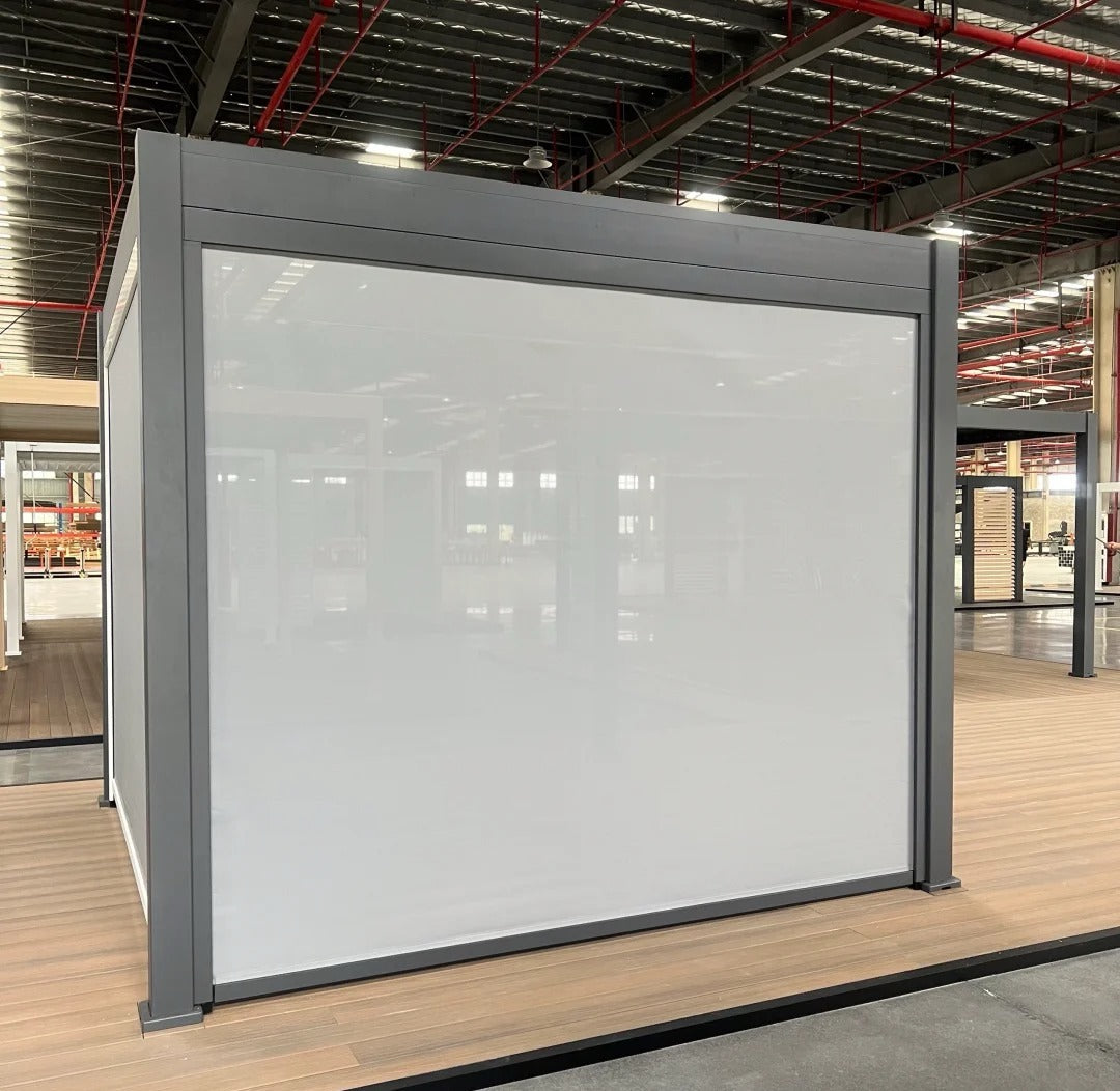 Black Rothnow aluminum pergola with sleek ceiling design, featuring sturdy alloy construction for outdoor climate protection.