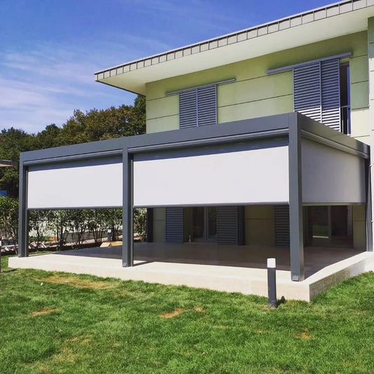 Black Rothnow aluminum pergola with a sleek ceiling design, featuring durable alloy construction for outdoor climate protection.