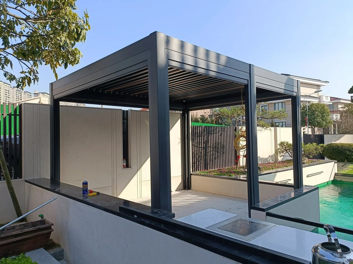Black Rothnow aluminum pergola with sleek ceiling design, featuring durable aluminum alloy construction for outdoor climate protection.