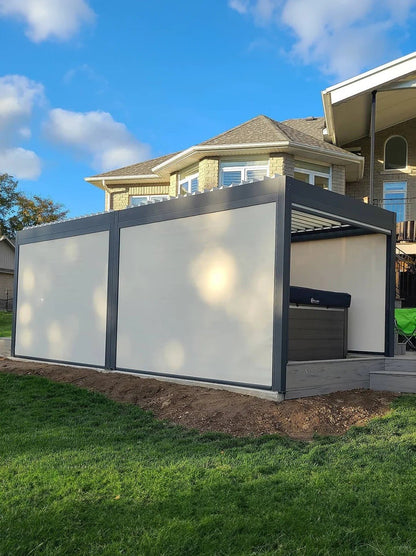 Black Rothnow aluminum pergola with a sleek ceiling design, customized size, and durable alloy construction for outdoor climate protection.