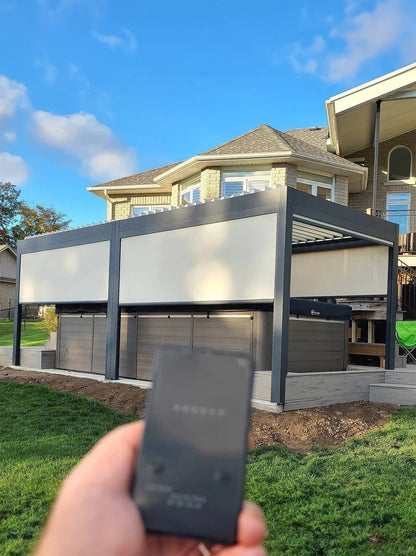 Black Rothnow aluminum pergola with a sleek ceiling design, featuring a durable climate pavilion made of alloy for outdoor shading.