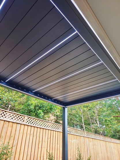 Black Rothnow aluminum pergola with sleek ceiling design, made from durable alloy for outdoor climate control and stylish shade.