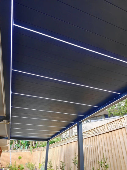 Black Rothnow aluminum pergola with sleek ceiling design, featuring customizable size and durable alloy construction for outdoor shading.