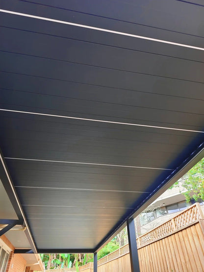 Black Rothnow aluminum pergola with sleek ceiling design, customizable size, and durable alloy construction for outdoor shade and style.